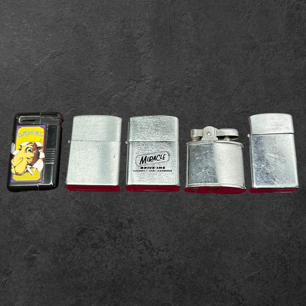 Lot 5pc Vintage Zippo Penguin Camel Lighter Silver Black Advertising Untested